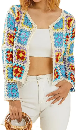 Honganda Women's Knit Crochet Cardigan Long Sleeve Floral Embroidery Hollow Out Knitwear Spring Fall Y2K Boho Sweater