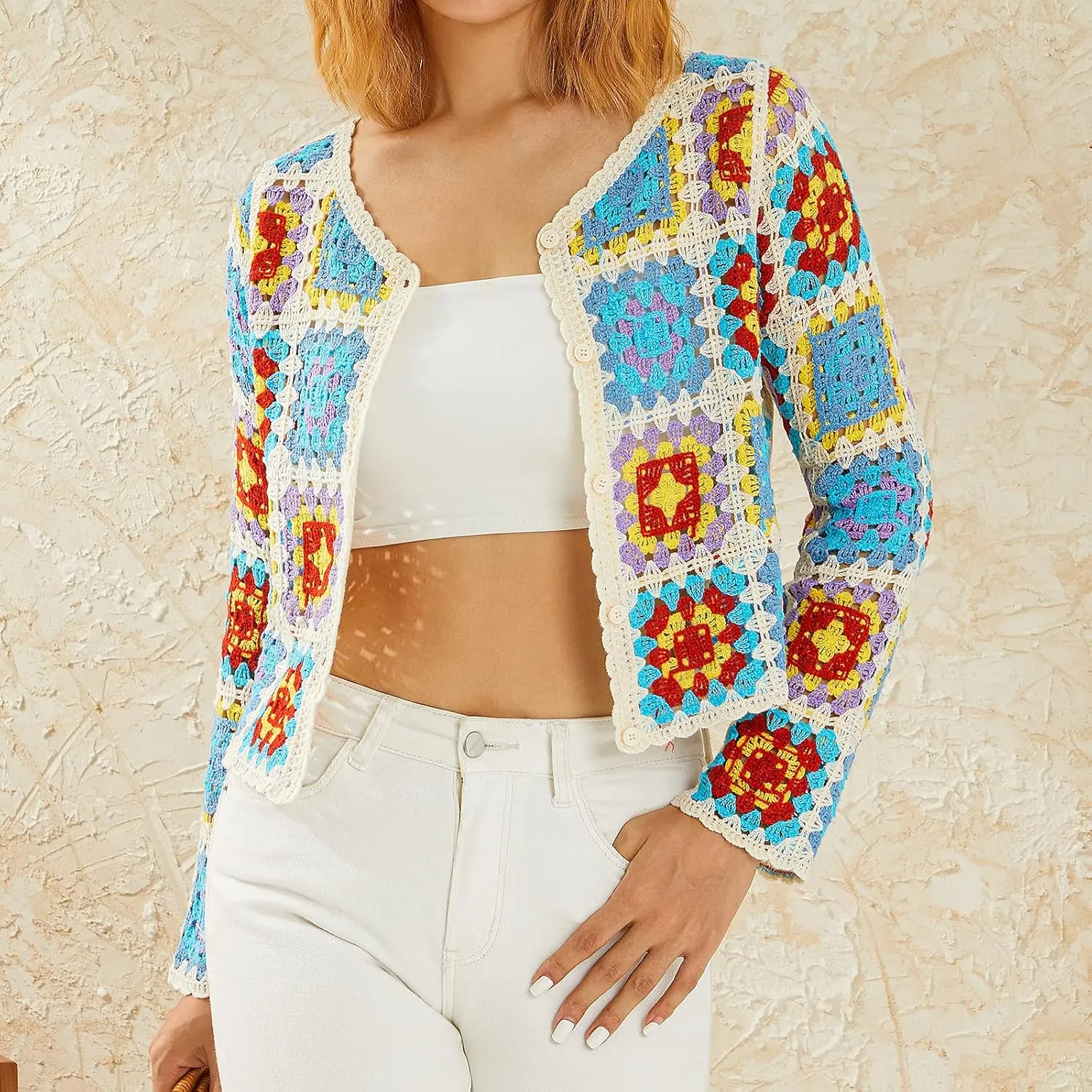 Honganda Women's Knit Crochet Cardigan Long Sleeve Floral Embroidery Hollow Out Knitwear Spring Fall Y2K Boho Sweater