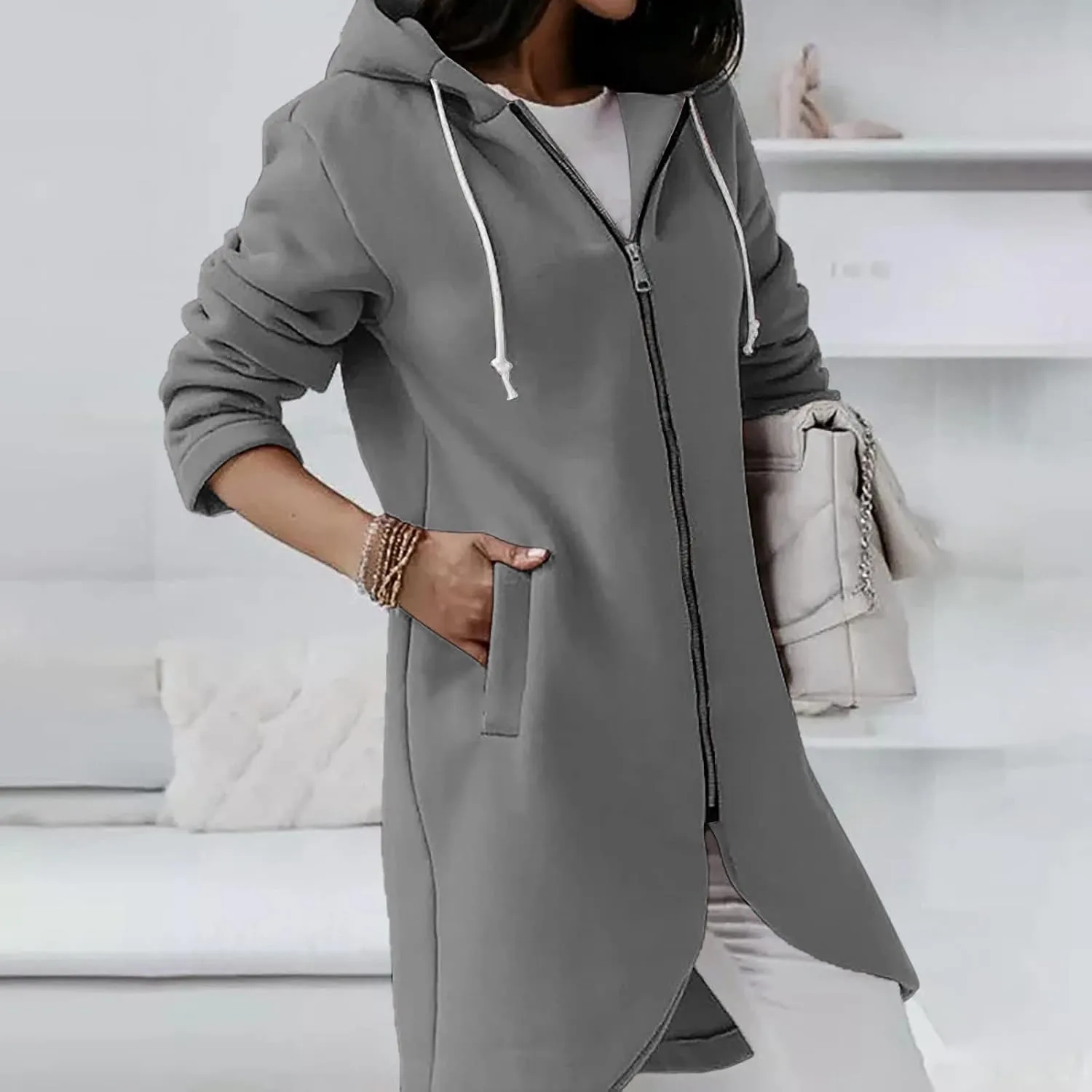 Hoodies for Women Zip up Knee Length Long Hoodies Casual Loose Solid Hooded Jackets Oversized Sweatshirts with Pocket