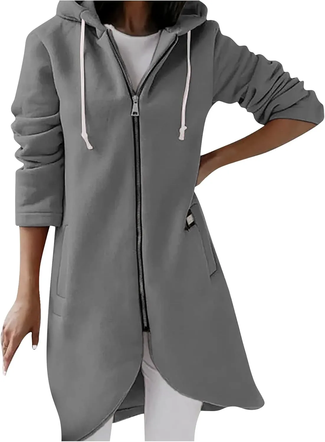 Hoodies for Women Zip up Knee Length Long Hoodies Casual Loose Solid Hooded Jackets Oversized Sweatshirts with Pocket