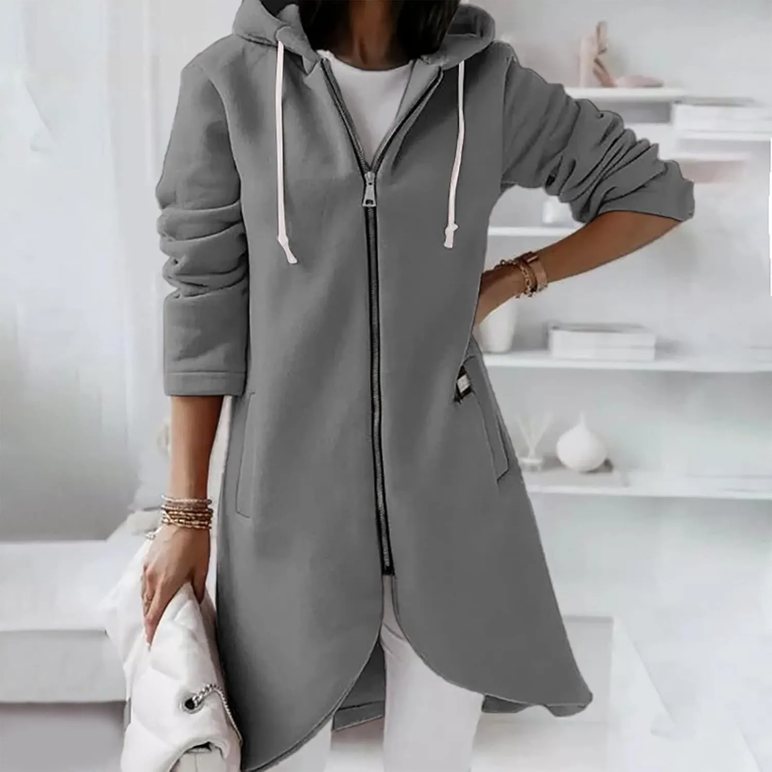 Hoodies for Women Zip up Knee Length Long Hoodies Casual Loose Solid Hooded Jackets Oversized Sweatshirts with Pocket