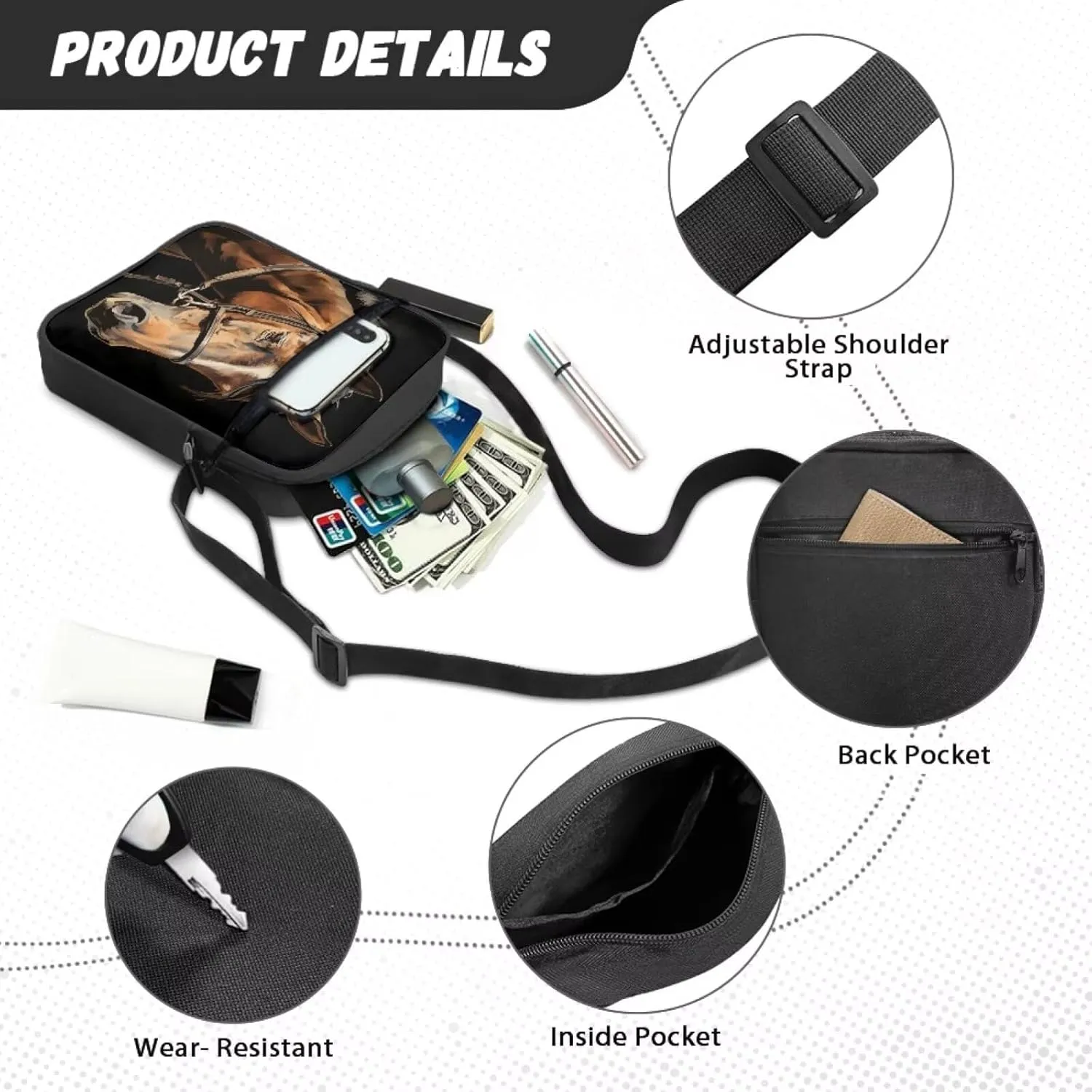 Horse Print Small Messenger Bag Waterproof Crossbody Shoulder Bags for Women Men