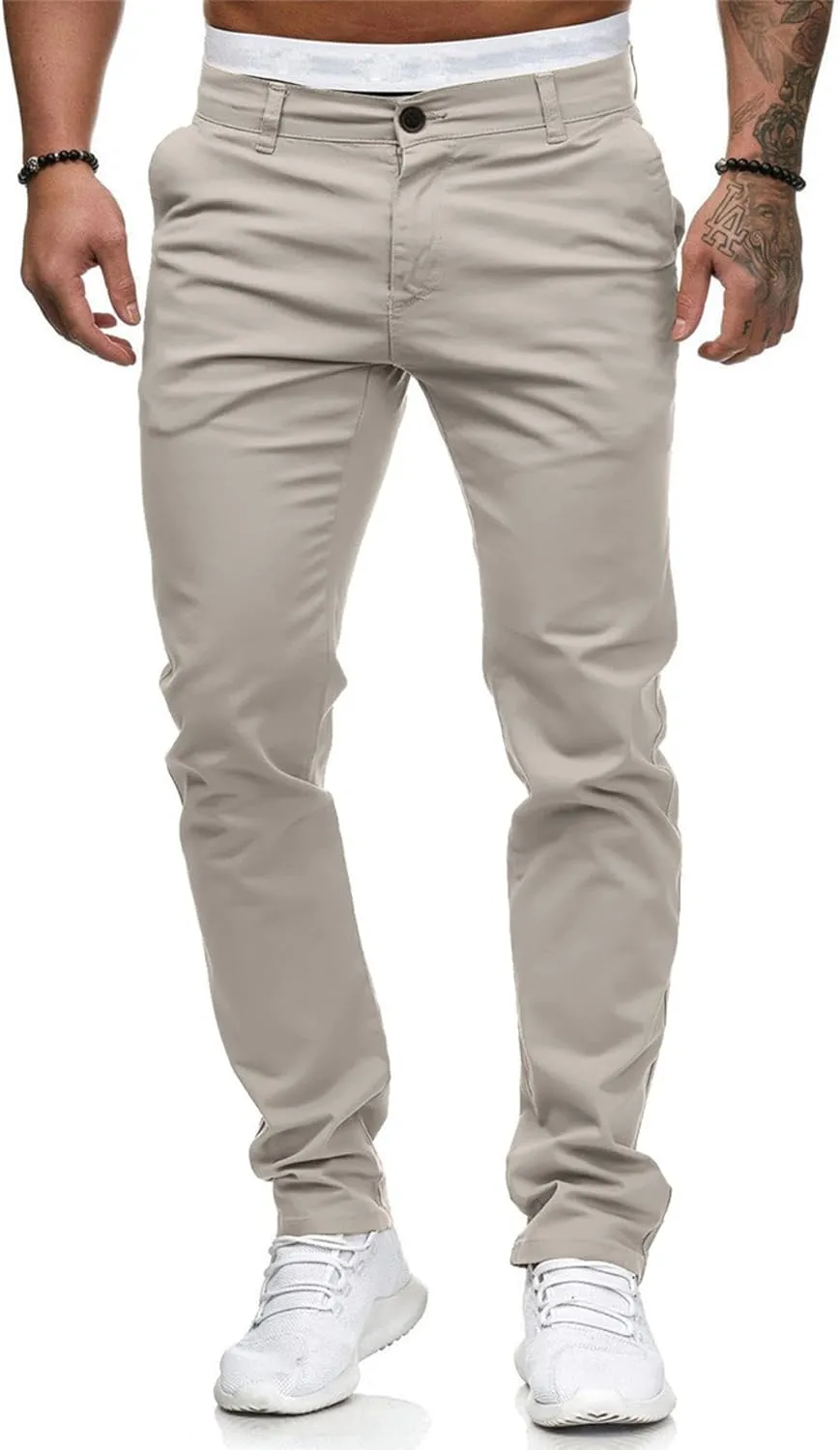 Hoteel Men's Slim Fit Casual Chino Pants, Khaki, Straight Leg