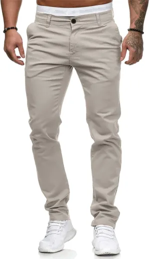 Hoteel Men's Slim Fit Casual Chino Pants, Khaki, Straight Leg