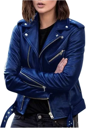 iLH Women Cool Faux Leather Jacket Long Sleeve Zipper Fitted Coat Fall Short Jacket Working Jackets For Women