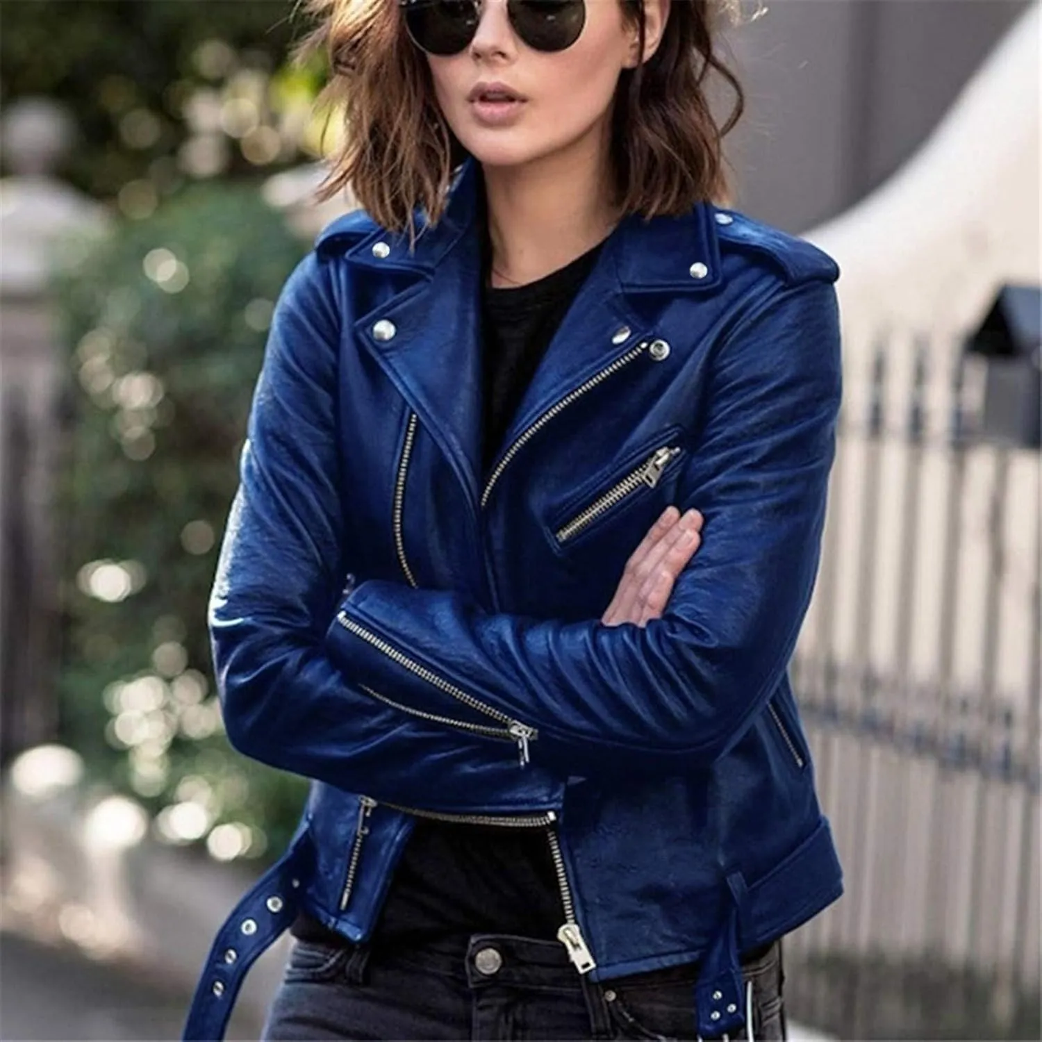 iLH Women Cool Faux Leather Jacket Long Sleeve Zipper Fitted Coat Fall Short Jacket Working Jackets For Women