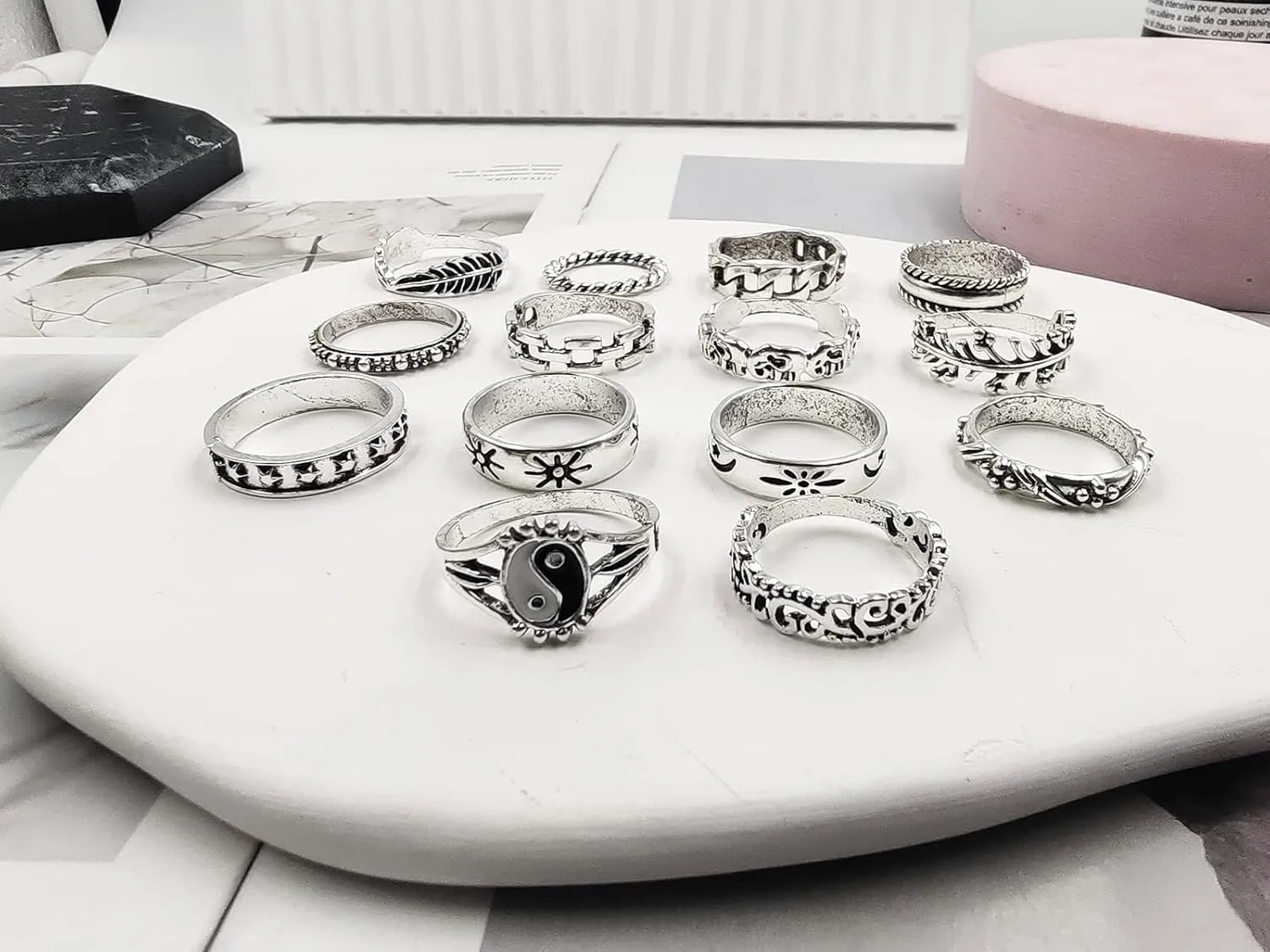 INENIMARTJ Silver Knuckle Stackable Rings Set for Women, Multiple Stackable Snake Butterfly Heart Yin Yang Joint Finger Rings, Vintage Stack Midi Rings Set