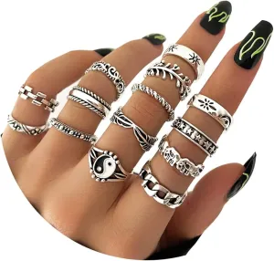 INENIMARTJ Silver Knuckle Stackable Rings Set for Women, Multiple Stackable Snake Butterfly Heart Yin Yang Joint Finger Rings, Vintage Stack Midi Rings Set