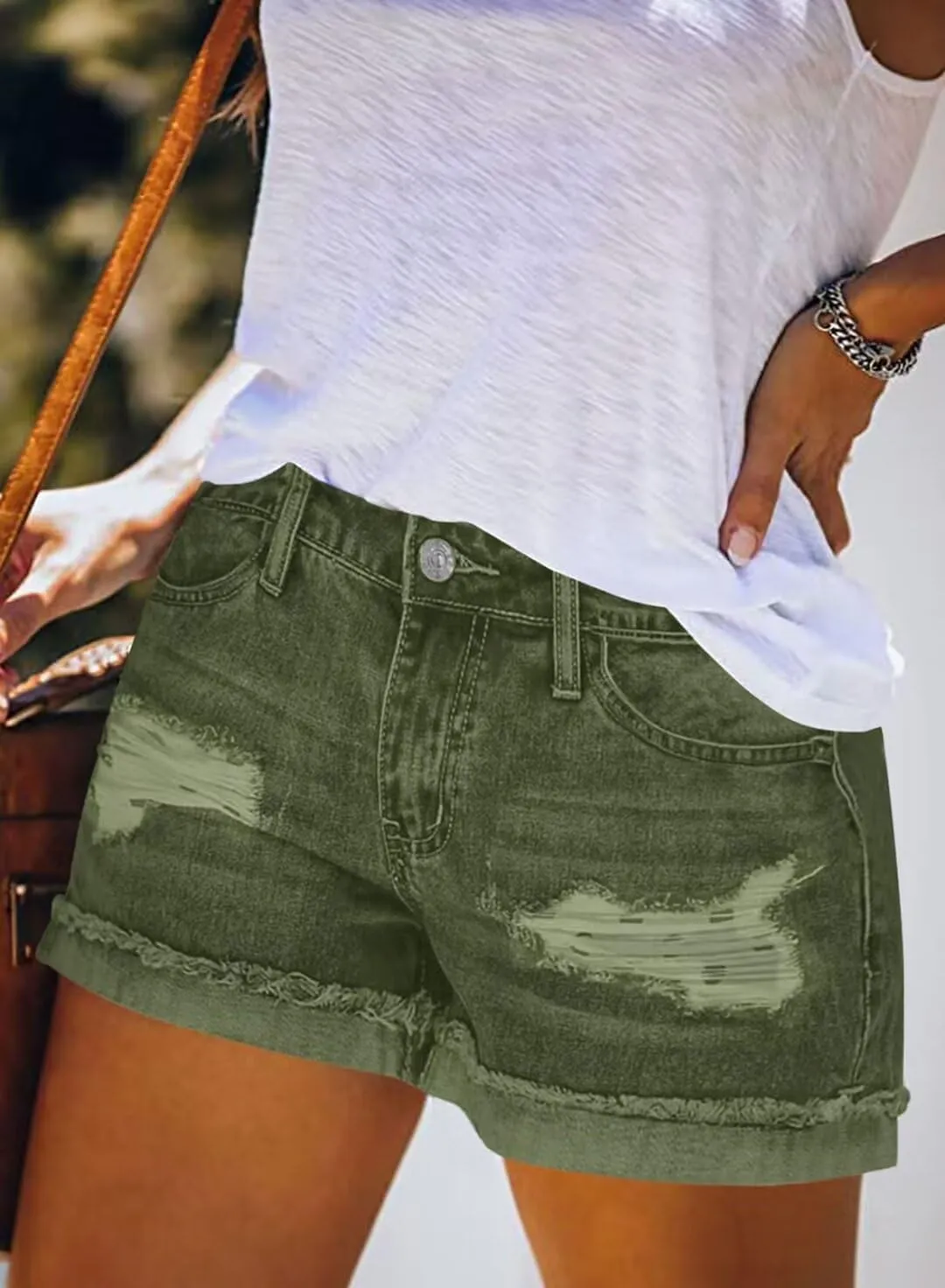 JOCAFIYE Womens Shorts Stretchy Ripped Jean Shorts High Waisted Folded Hem Shorts for Women