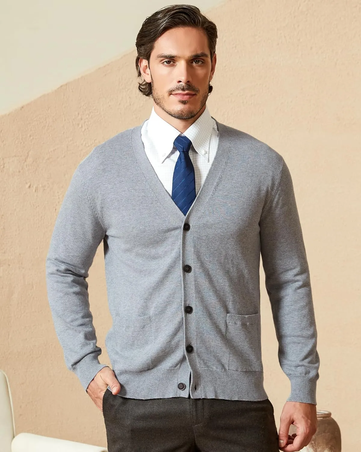 Kallspin Mens Pure Cotton Cardigan Sweater V-Neck Button Down Cardigan Lightweight Knitwear with Pockets