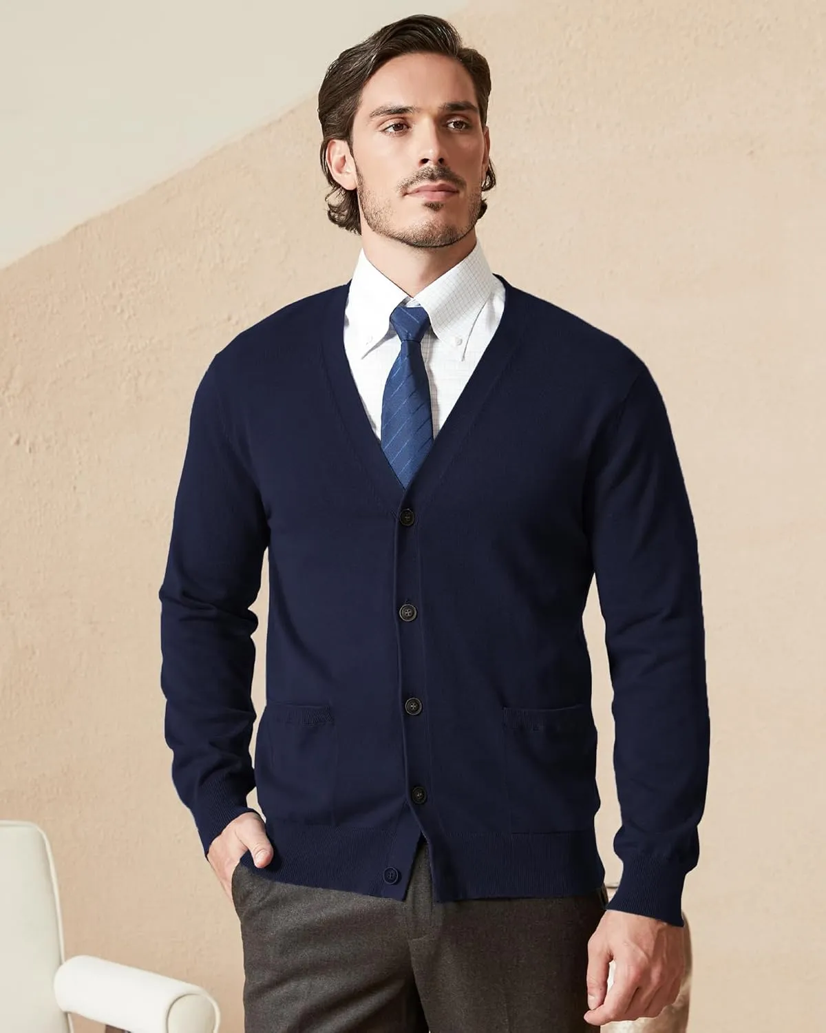 Kallspin Mens Pure Cotton Cardigan Sweater V-Neck Button Down Cardigan Lightweight Knitwear with Pockets