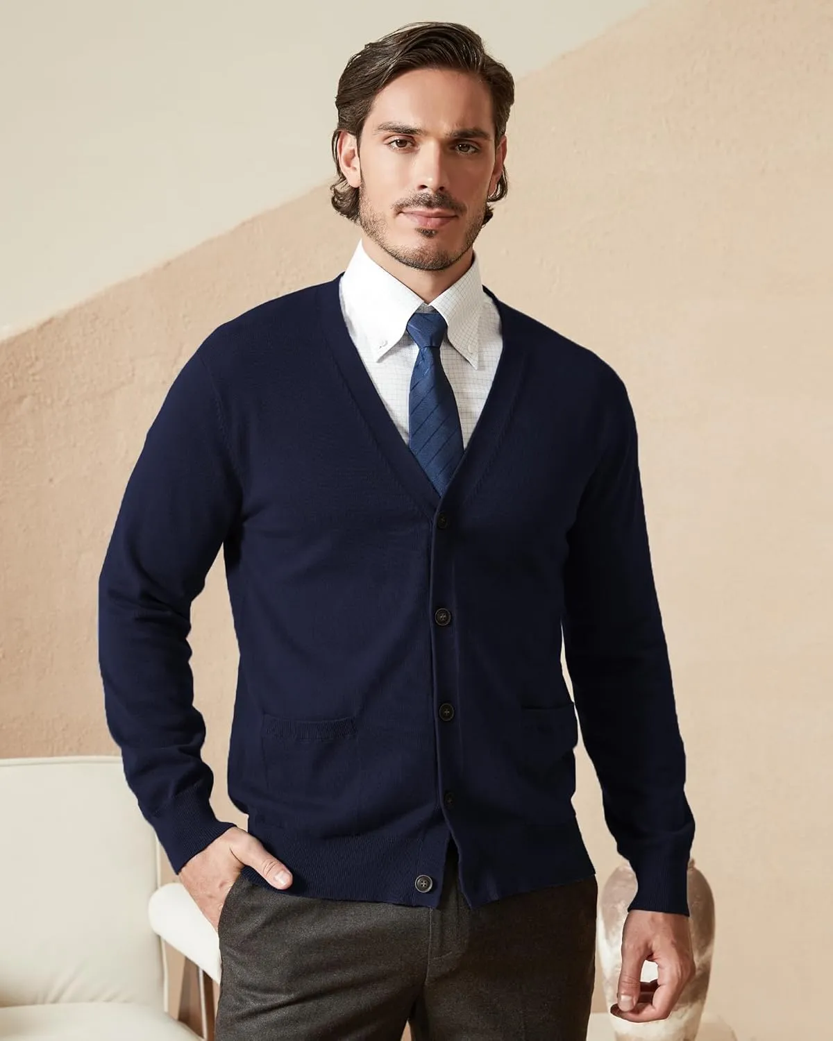Kallspin Mens Pure Cotton Cardigan Sweater V-Neck Button Down Cardigan Lightweight Knitwear with Pockets