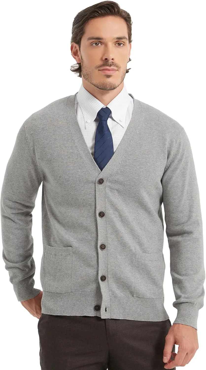 Kallspin Mens Pure Cotton Cardigan Sweater V-Neck Button Down Cardigan Lightweight Knitwear with Pockets