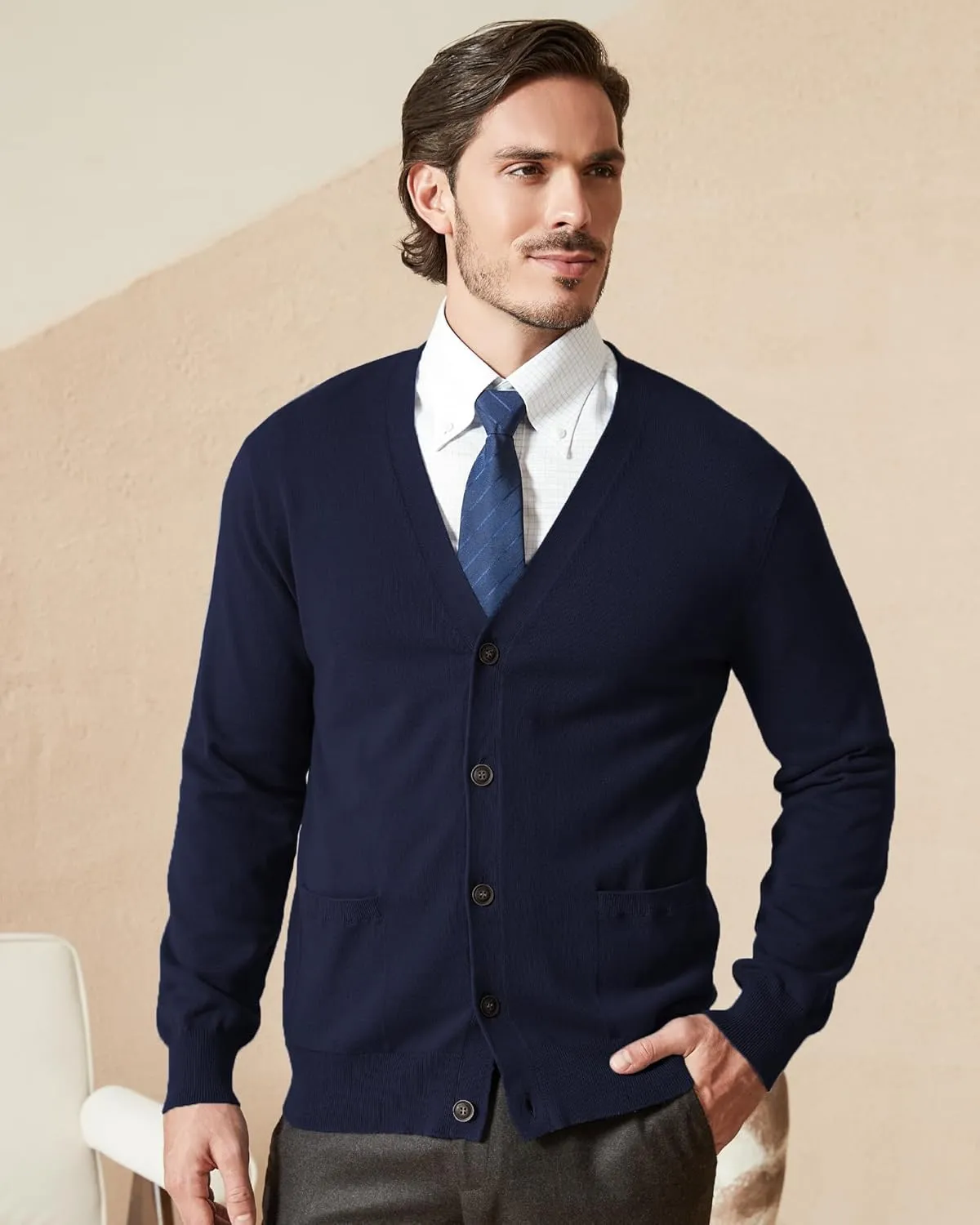 Kallspin Mens Pure Cotton Cardigan Sweater V-Neck Button Down Cardigan Lightweight Knitwear with Pockets