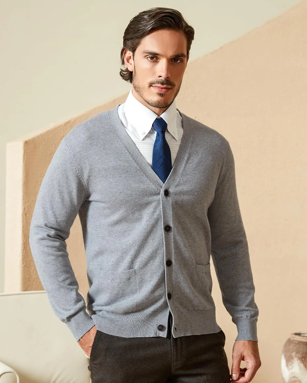 Kallspin Mens Pure Cotton Cardigan Sweater V-Neck Button Down Cardigan Lightweight Knitwear with Pockets