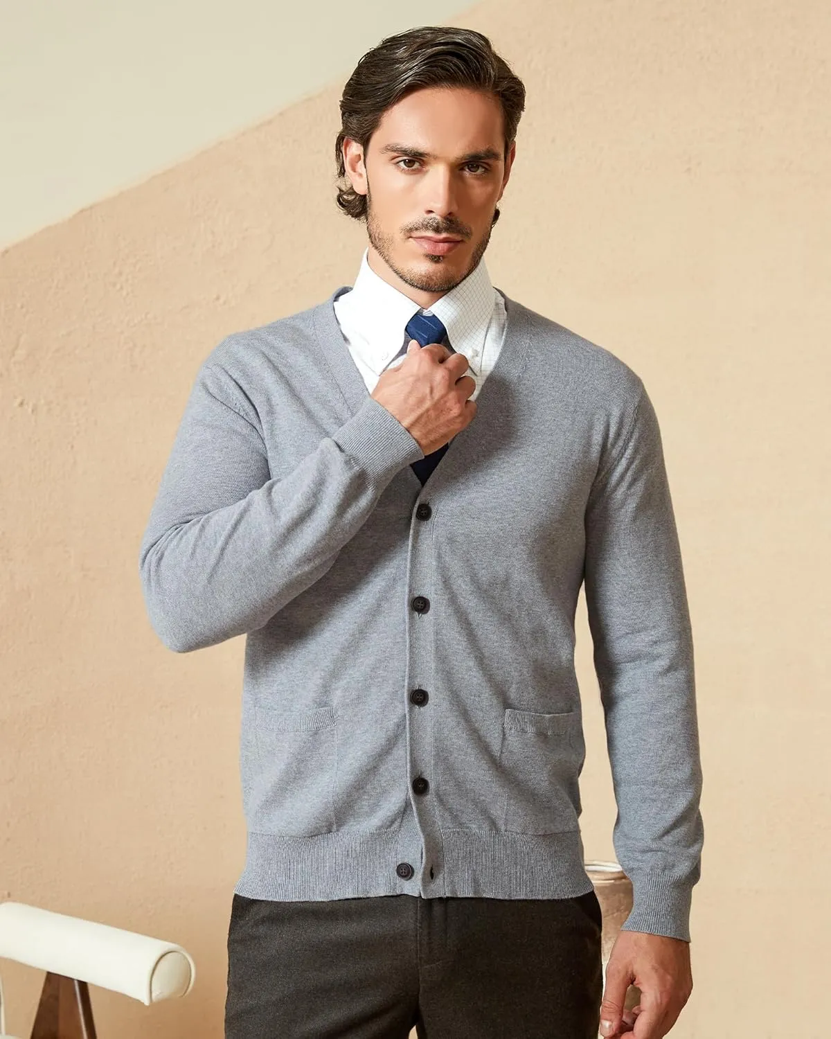 Kallspin Mens Pure Cotton Cardigan Sweater V-Neck Button Down Cardigan Lightweight Knitwear with Pockets