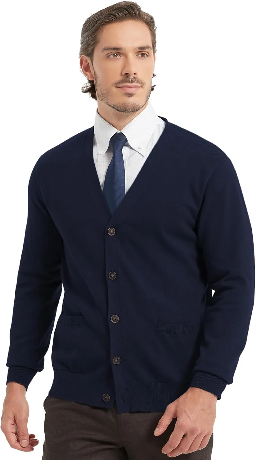 Kallspin Mens Pure Cotton Cardigan Sweater V-Neck Button Down Cardigan Lightweight Knitwear with Pockets