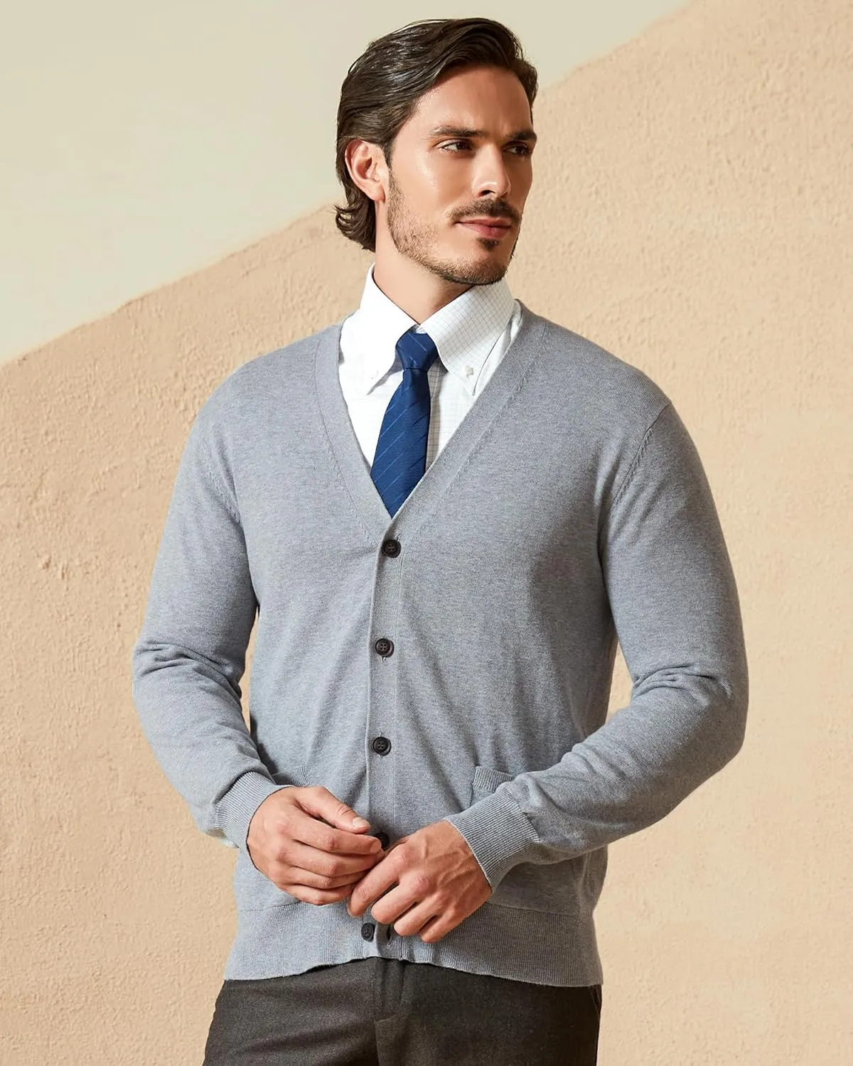 Kallspin Mens Pure Cotton Cardigan Sweater V-Neck Button Down Cardigan Lightweight Knitwear with Pockets