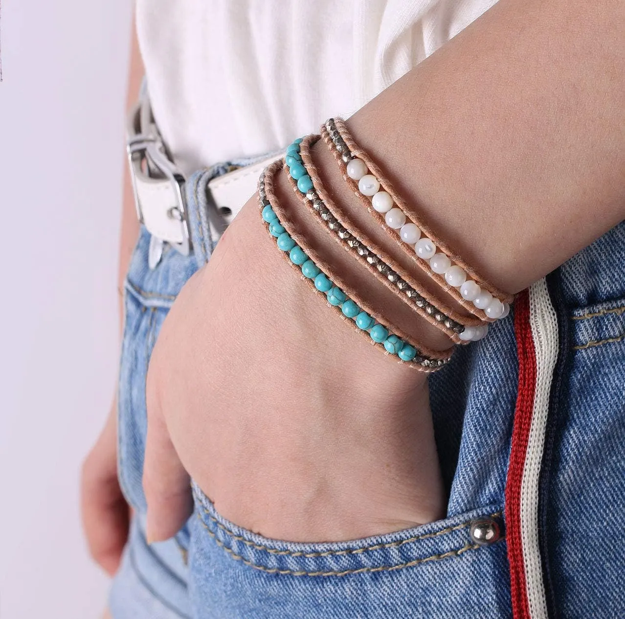 KELITCH Crystal Beaded Bracelets 3 Wrap Leather Bracelets Handmade Women Bracelets Jewelry