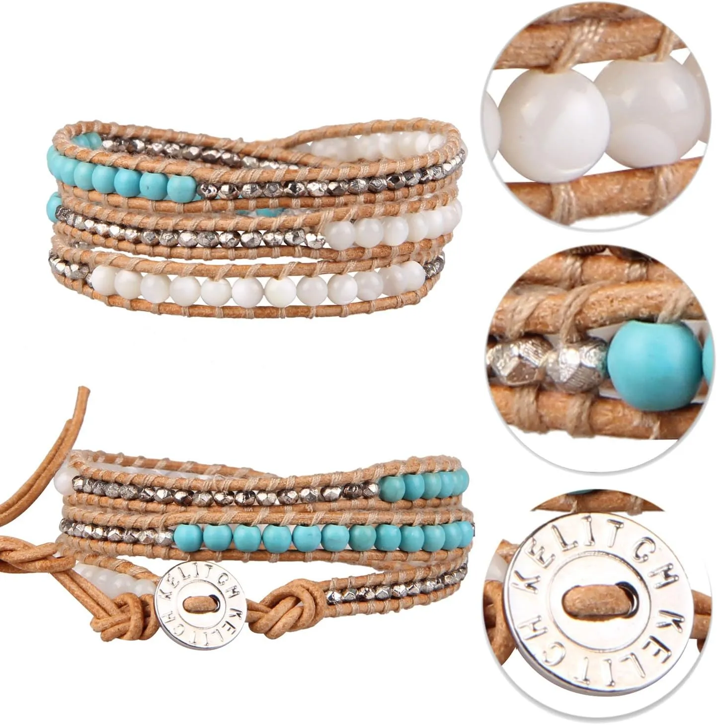 KELITCH Crystal Beaded Bracelets 3 Wrap Leather Bracelets Handmade Women Bracelets Jewelry