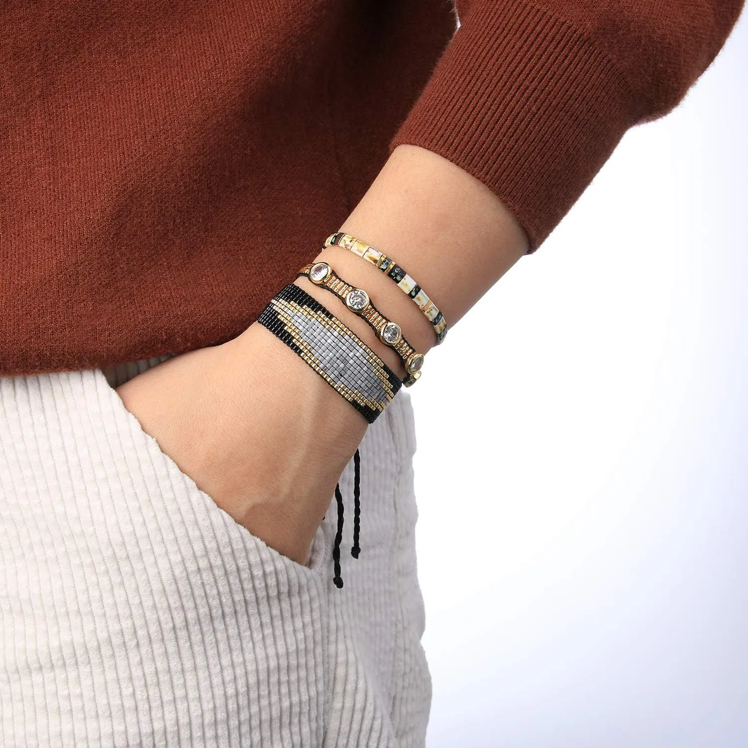 KELITCH Crystal Beaded Bracelets Hand Woven Strand Bracelets Classic Bangles Bracelets For Women
