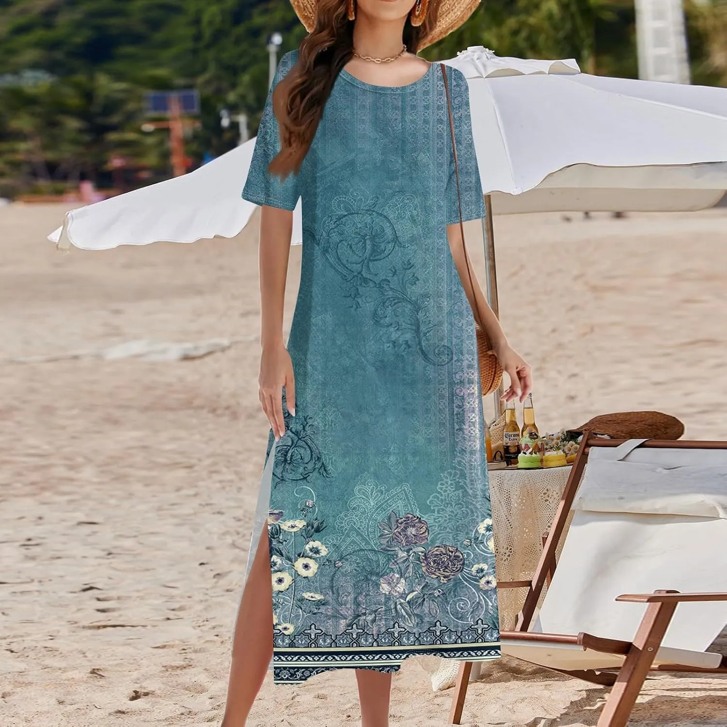 Kenvina Women Summer Dresses O Neck Floral Casual Beach Vacation Dress Printed T Shirt Dress Split Long Dress with Pockets