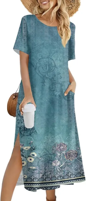 Kenvina Women Summer Dresses O Neck Floral Casual Beach Vacation Dress Printed T Shirt Dress Split Long Dress with Pockets