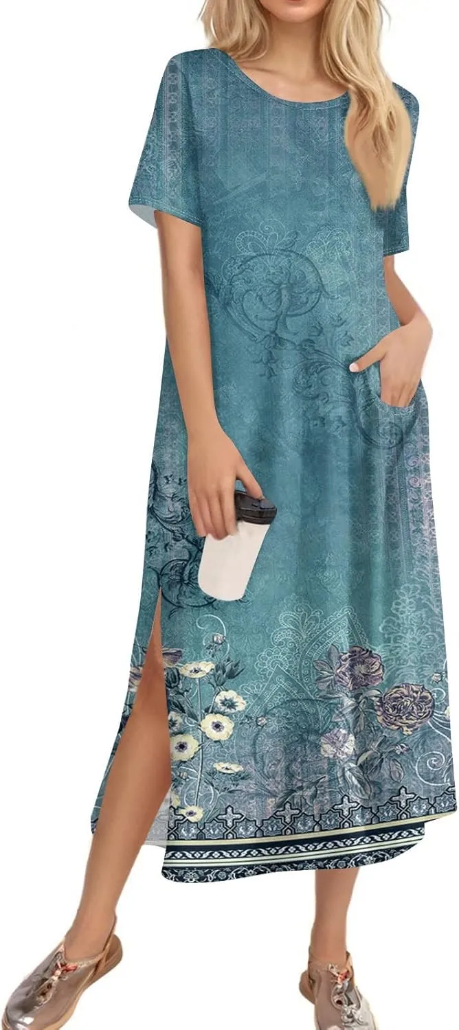 Kenvina Women Summer Dresses O Neck Floral Casual Beach Vacation Dress Printed T Shirt Dress Split Long Dress with Pockets