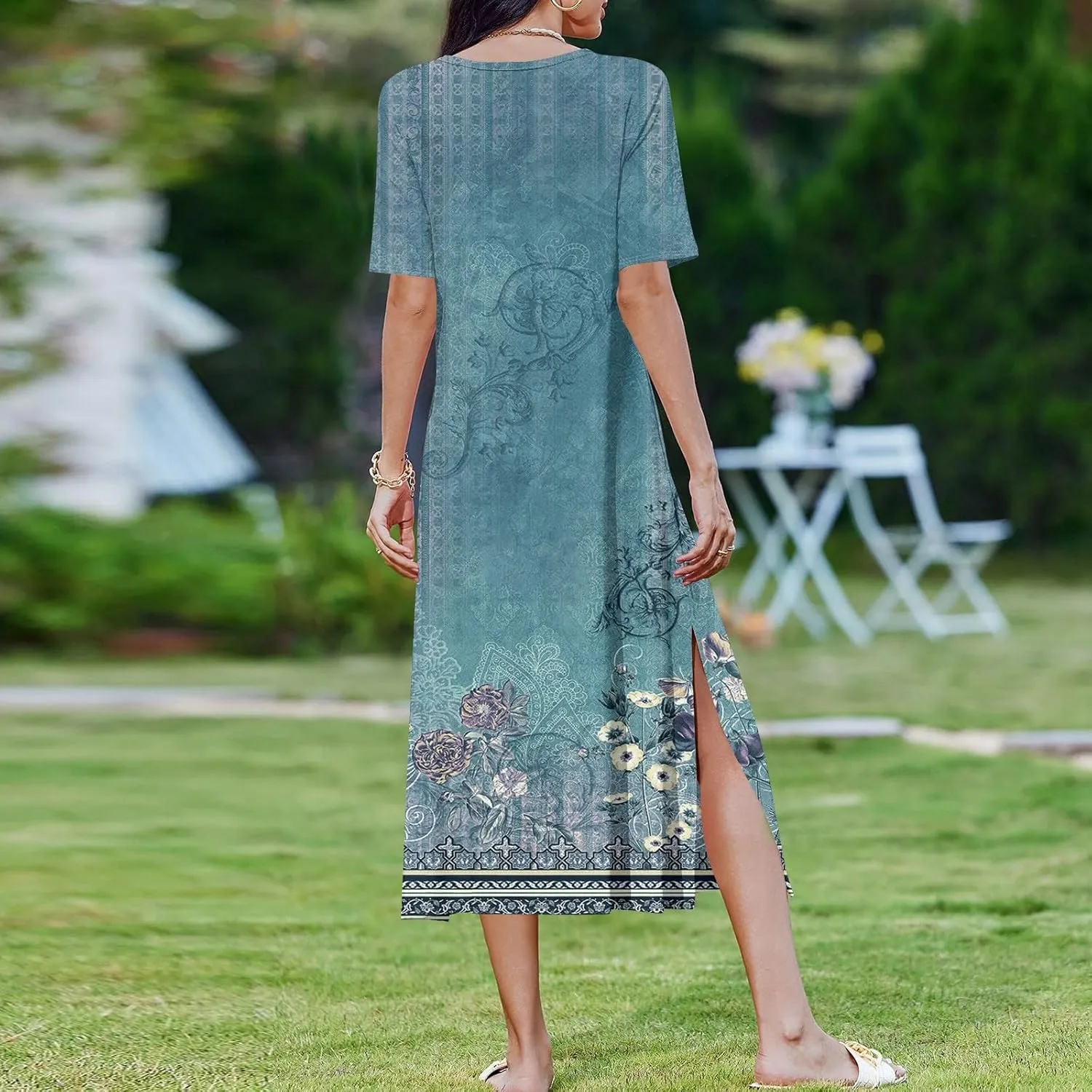Kenvina Women Summer Dresses O Neck Floral Casual Beach Vacation Dress Printed T Shirt Dress Split Long Dress with Pockets