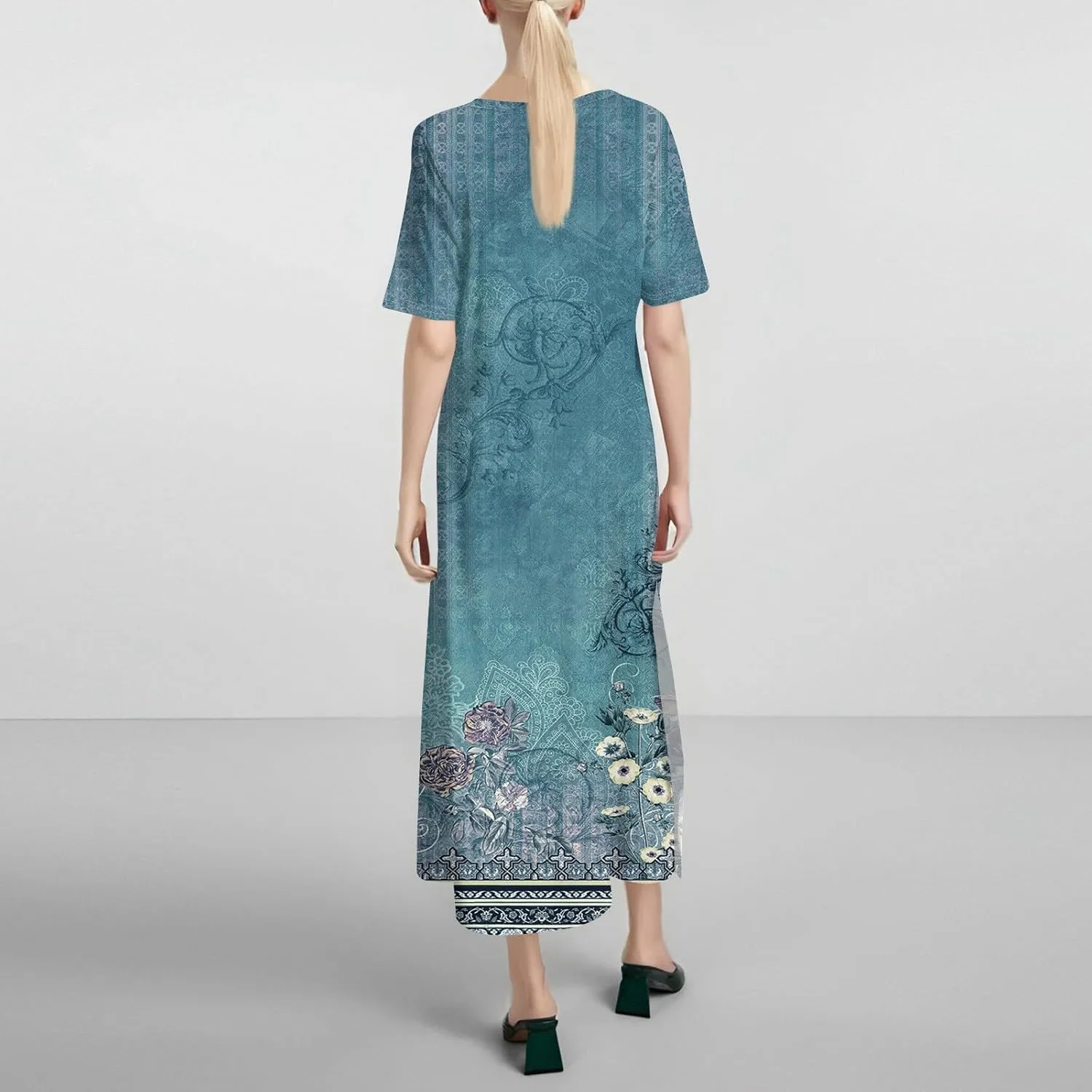 Kenvina Women Summer Dresses O Neck Floral Casual Beach Vacation Dress Printed T Shirt Dress Split Long Dress with Pockets