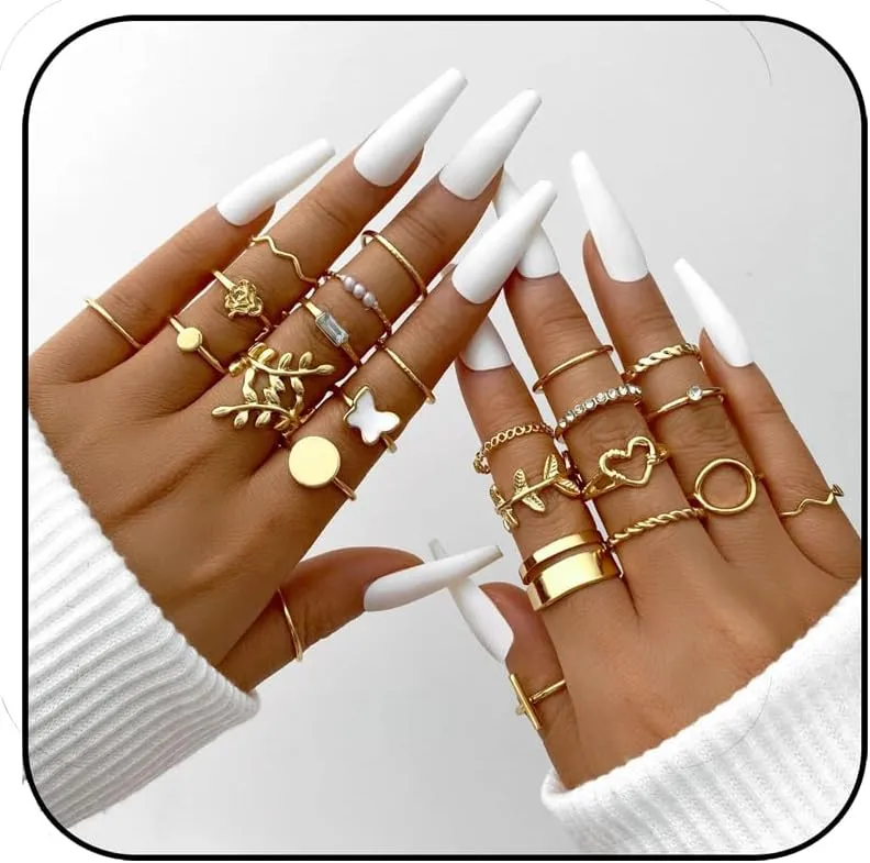Knuckle Stackable Gold Rings for Women Gold Stacking Ring Set Vintage Boho Ring Set Butterfly Heart Pearl Rhinestone Stackable Statement Rings for Women