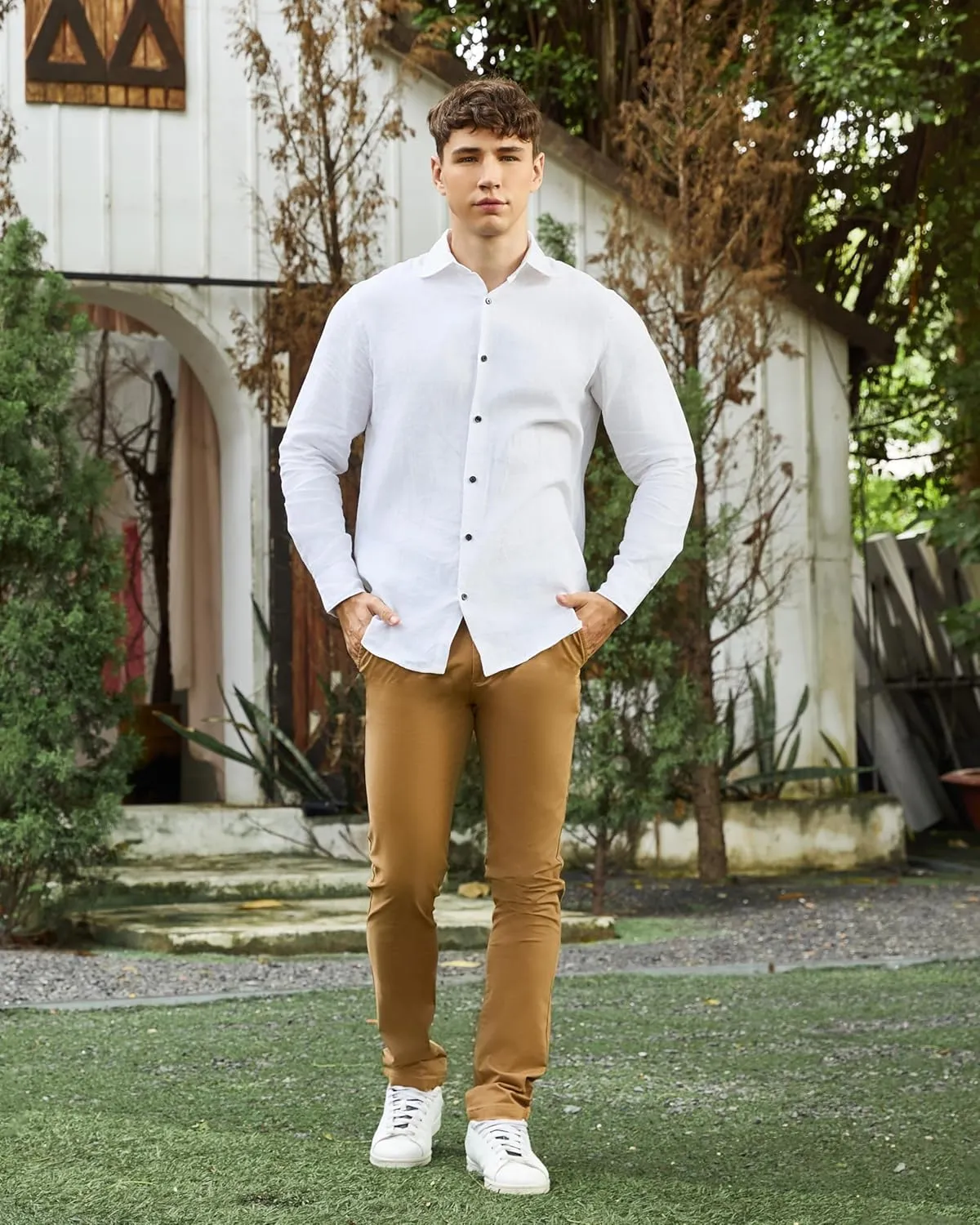 Krasiv Men's Chino Pants Stretch Cotton Slacks Slim Fit Tapered Leg Smart Casual Trousers