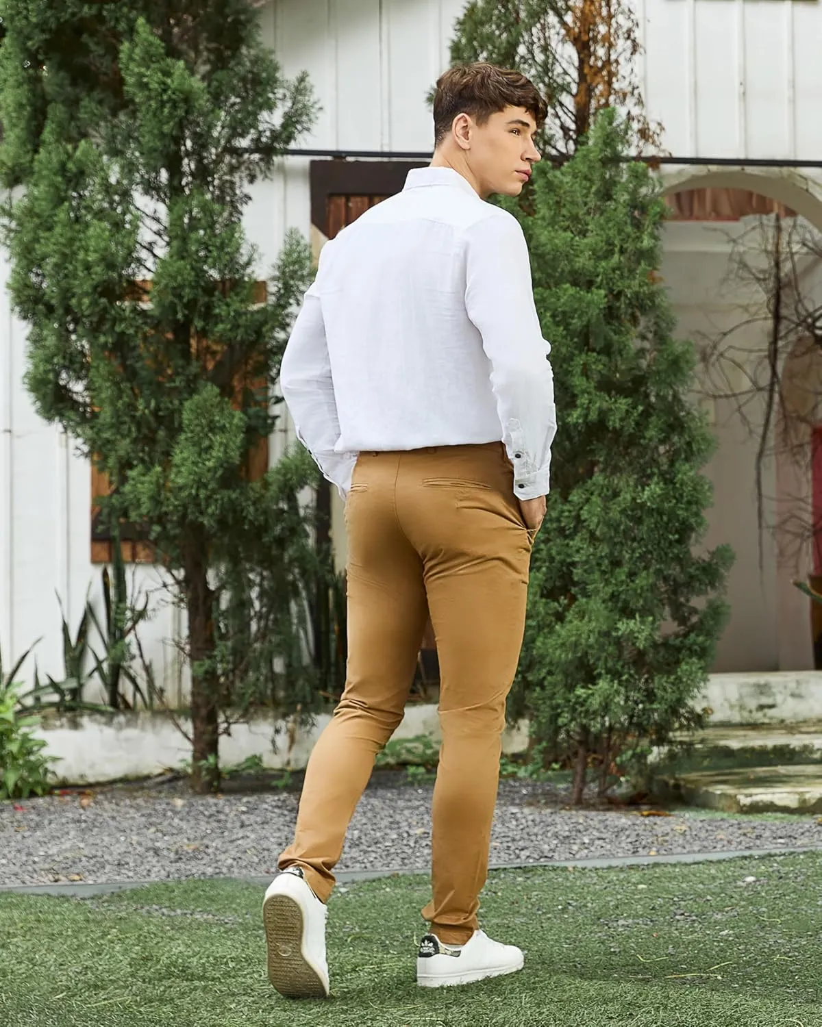 Krasiv Men's Chino Pants Stretch Cotton Slacks Slim Fit Tapered Leg Smart Casual Trousers