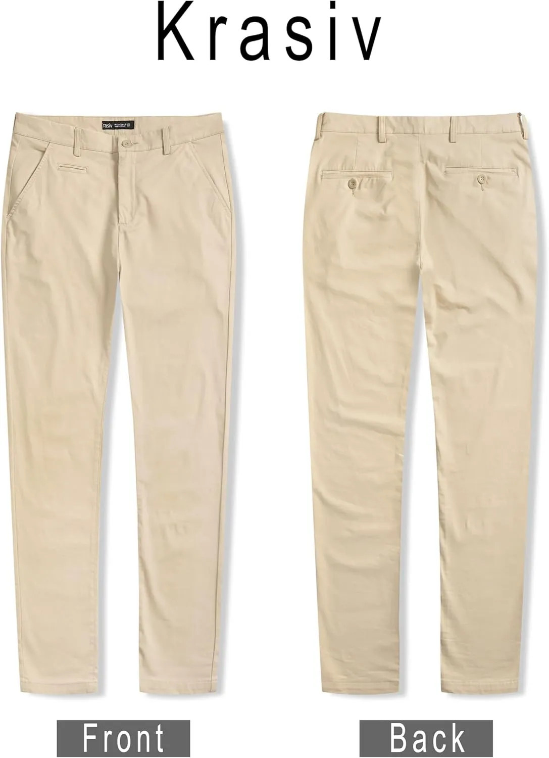 Krasiv Men's Chino Pants Stretch Cotton Slacks Slim Fit Tapered Leg Smart Casual Trousers