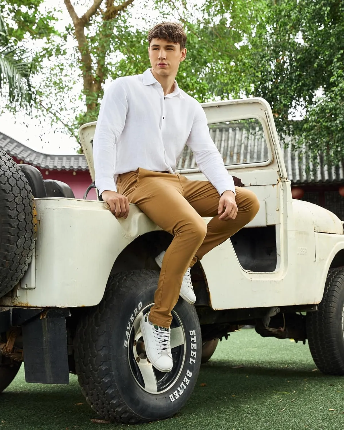 Krasiv Men's Chino Pants Stretch Cotton Slacks Slim Fit Tapered Leg Smart Casual Trousers