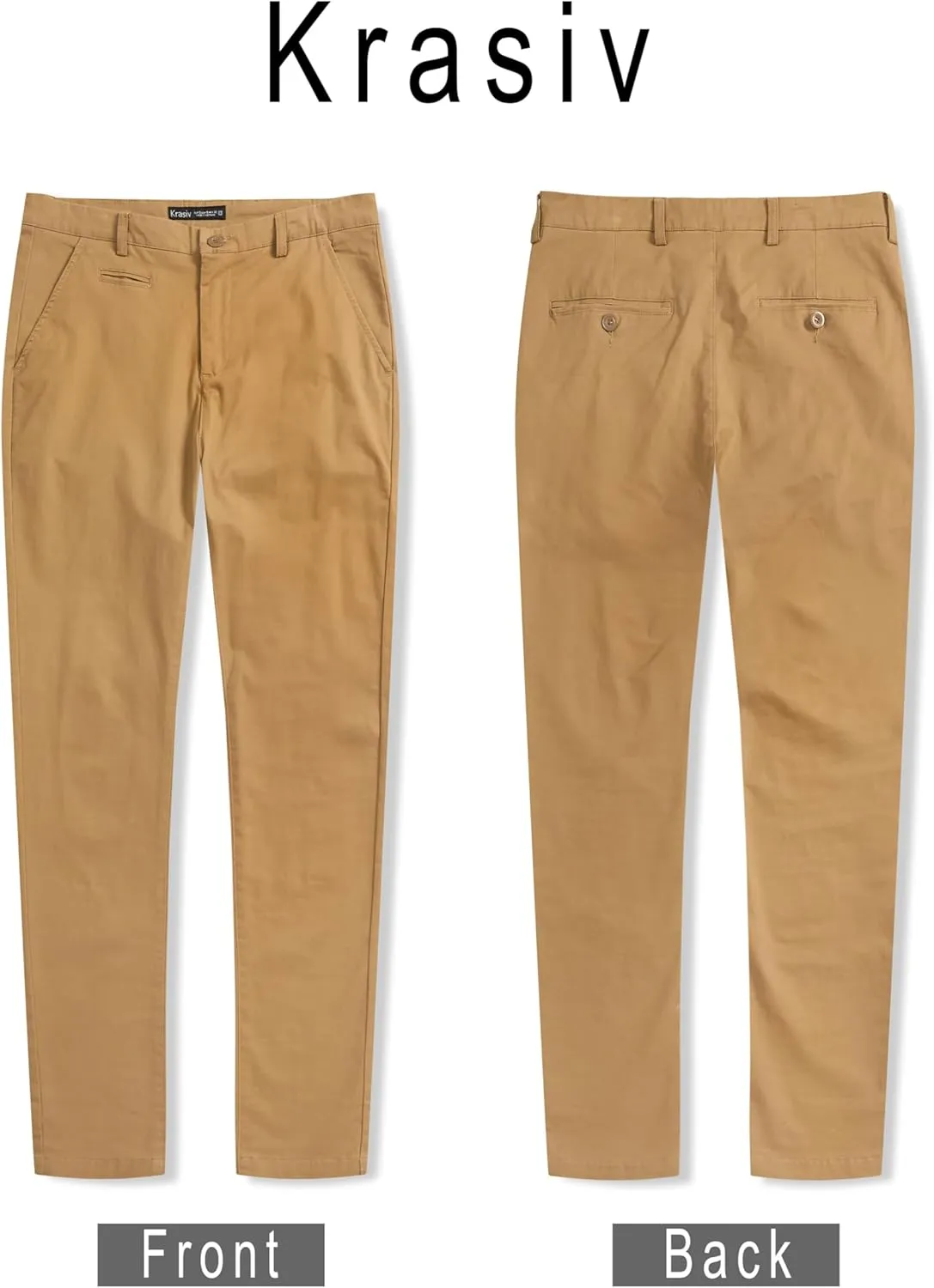Krasiv Men's Chino Pants Stretch Cotton Slacks Slim Fit Tapered Leg Smart Casual Trousers