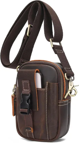 LANNSYNE Full Grain Leather Mini Shoulder Bag, Waist Belt Bag for Men and Women, Pack Cigarette Phone Case Casual Small Messenger