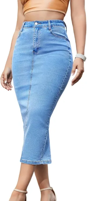 lcyhony Long Denim Skirts for Women Stretchy High Waist Tummy Control Jean Skirt Bodycon Back Slit Pencil Skirt with Pockets