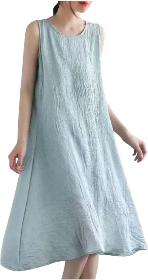 LEMONONSTORE Plus Size Women Sleeveless Tunic Dresses Summer Cotton Linen Swing A-Line High Low Retro Midi Dress Relaxed Fit