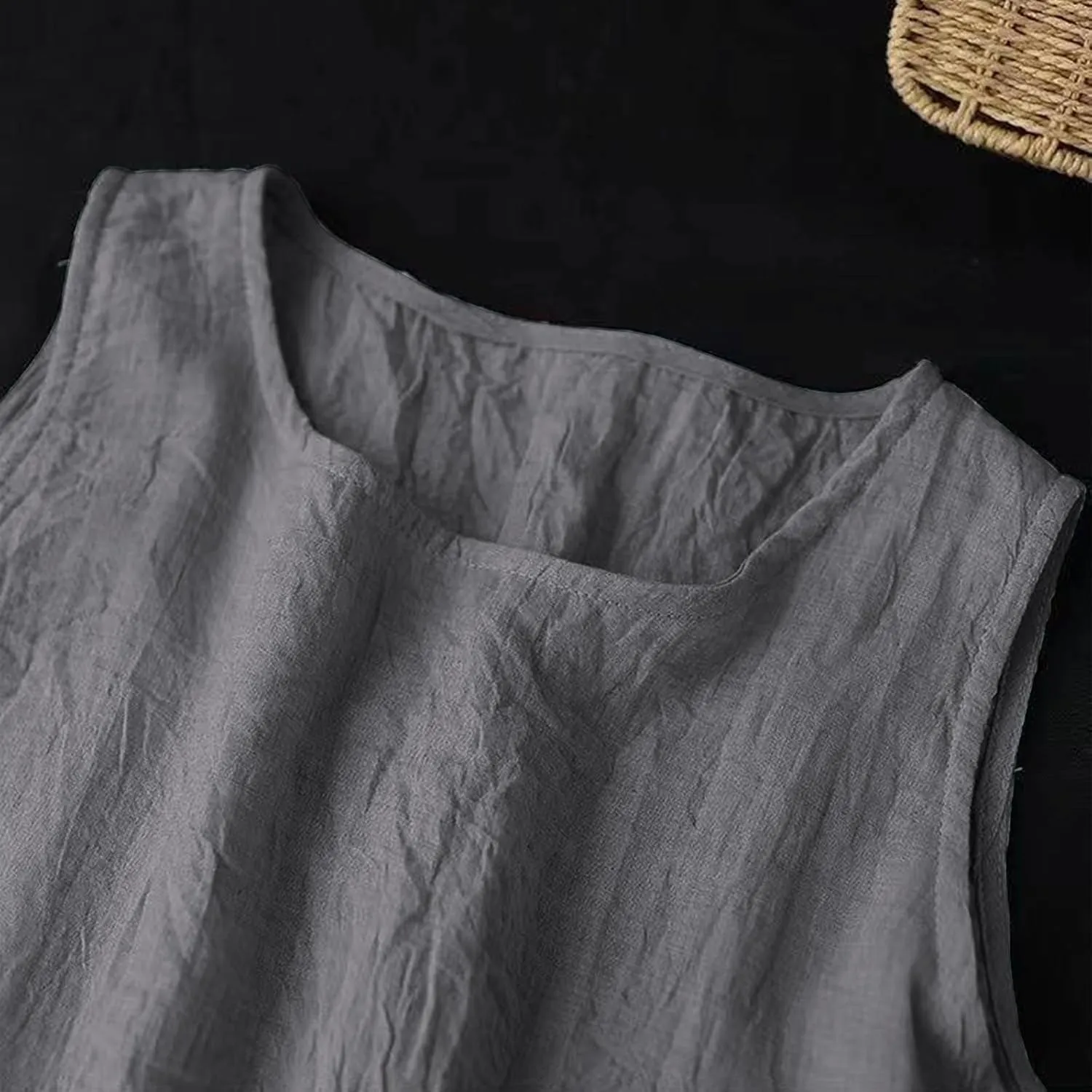 LEMONONSTORE Plus Size Women Sleeveless Tunic Dresses Summer Cotton Linen Swing A-Line High Low Retro Midi Dress Relaxed Fit