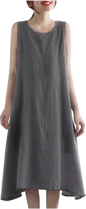 LEMONONSTORE Plus Size Women Sleeveless Tunic Dresses Summer Cotton Linen Swing A-Line High Low Retro Midi Dress Relaxed Fit