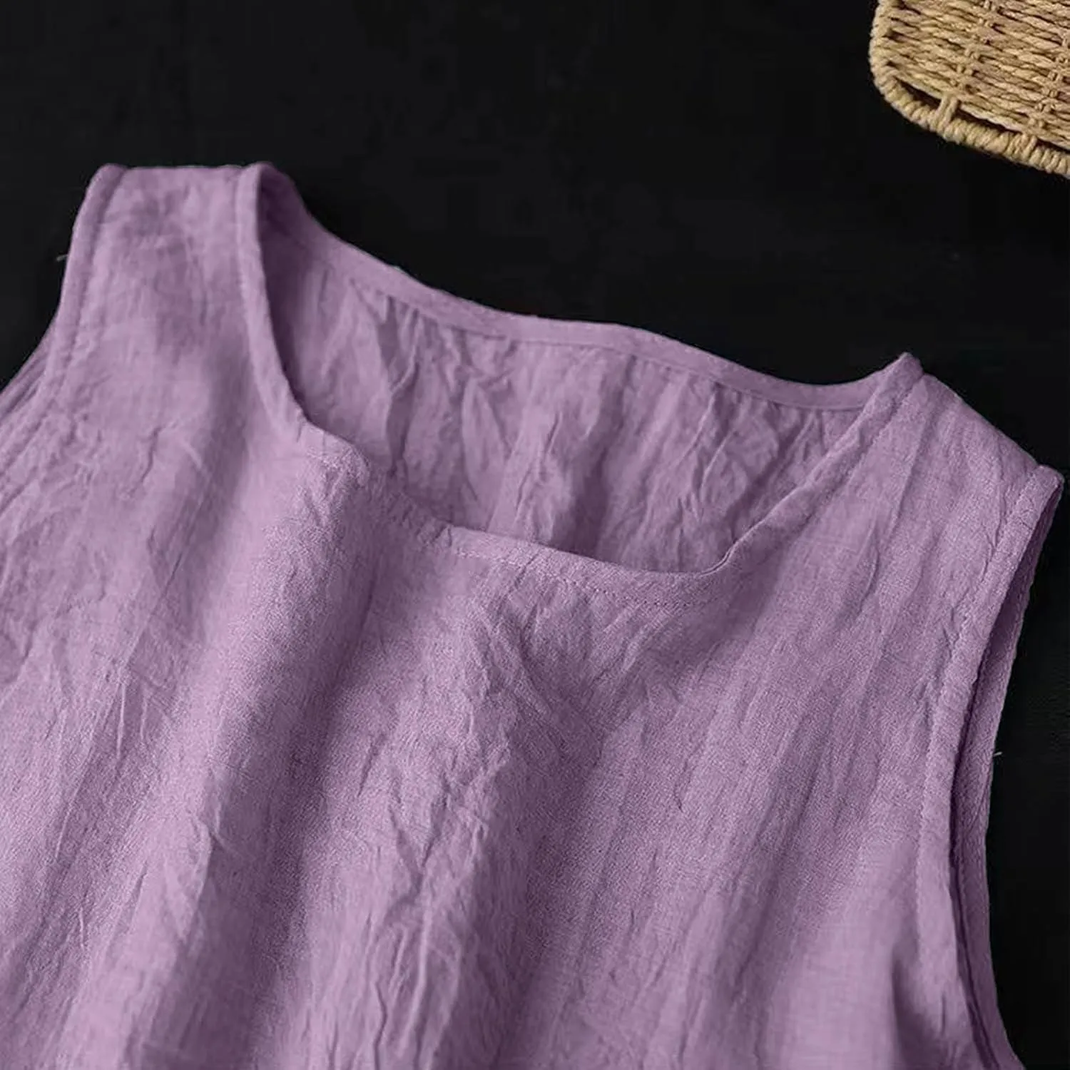 LEMONONSTORE Plus Size Women Sleeveless Tunic Dresses Summer Cotton Linen Swing A-Line High Low Retro Midi Dress Relaxed Fit