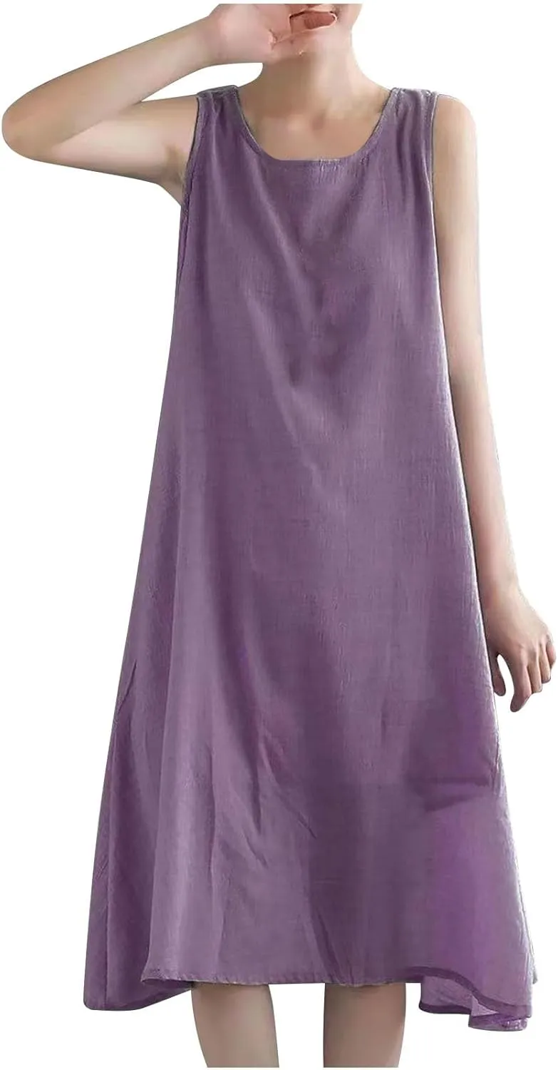 LEMONONSTORE Plus Size Women Sleeveless Tunic Dresses Summer Cotton Linen Swing A-Line High Low Retro Midi Dress Relaxed Fit