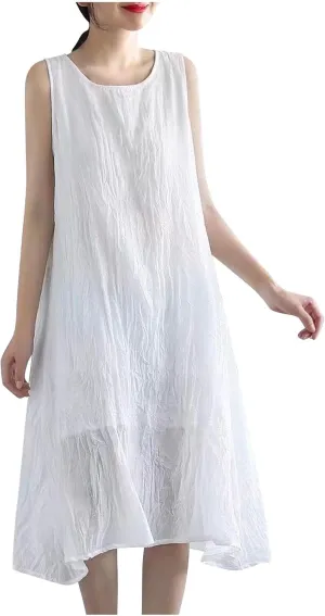 LEMONONSTORE Plus Size Women Sleeveless Tunic Dresses Summer Cotton Linen Swing A-Line High Low Retro Midi Dress Relaxed Fit