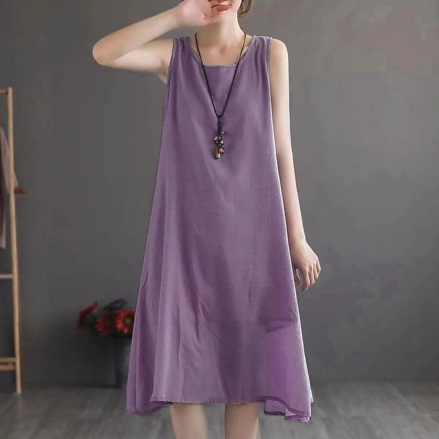 LEMONONSTORE Plus Size Women Sleeveless Tunic Dresses Summer Cotton Linen Swing A-Line High Low Retro Midi Dress Relaxed Fit