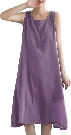 LEMONONSTORE Plus Size Women Sleeveless Tunic Dresses Summer Cotton Linen Swing A-Line High Low Retro Midi Dress Relaxed Fit