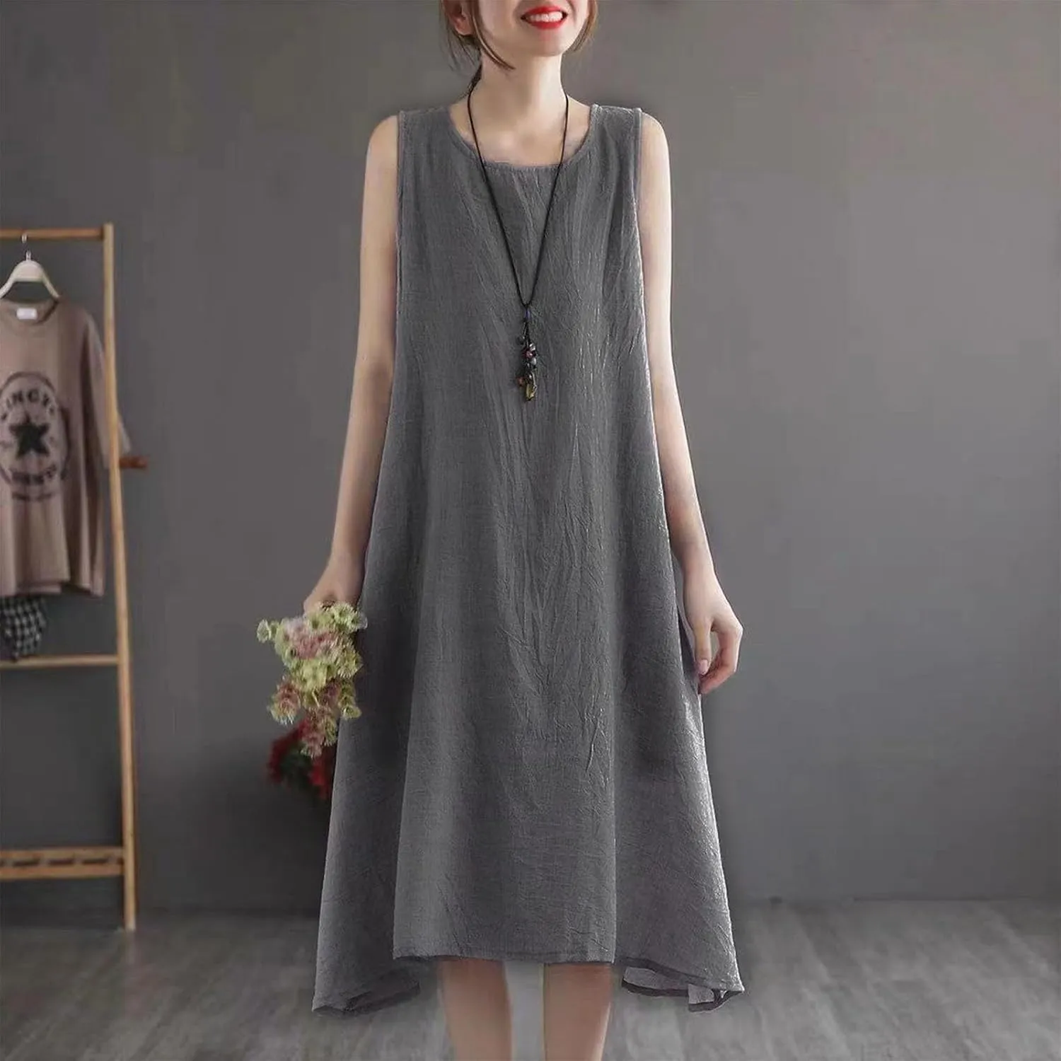 LEMONONSTORE Plus Size Women Sleeveless Tunic Dresses Summer Cotton Linen Swing A-Line High Low Retro Midi Dress Relaxed Fit