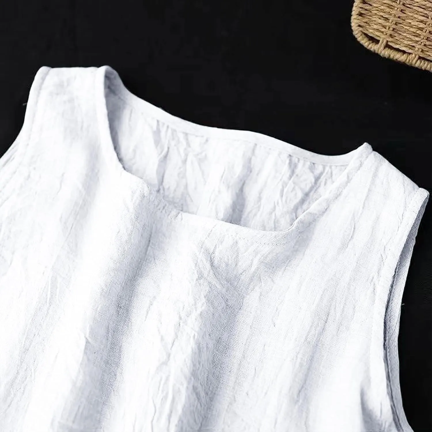 LEMONONSTORE Plus Size Women Sleeveless Tunic Dresses Summer Cotton Linen Swing A-Line High Low Retro Midi Dress Relaxed Fit