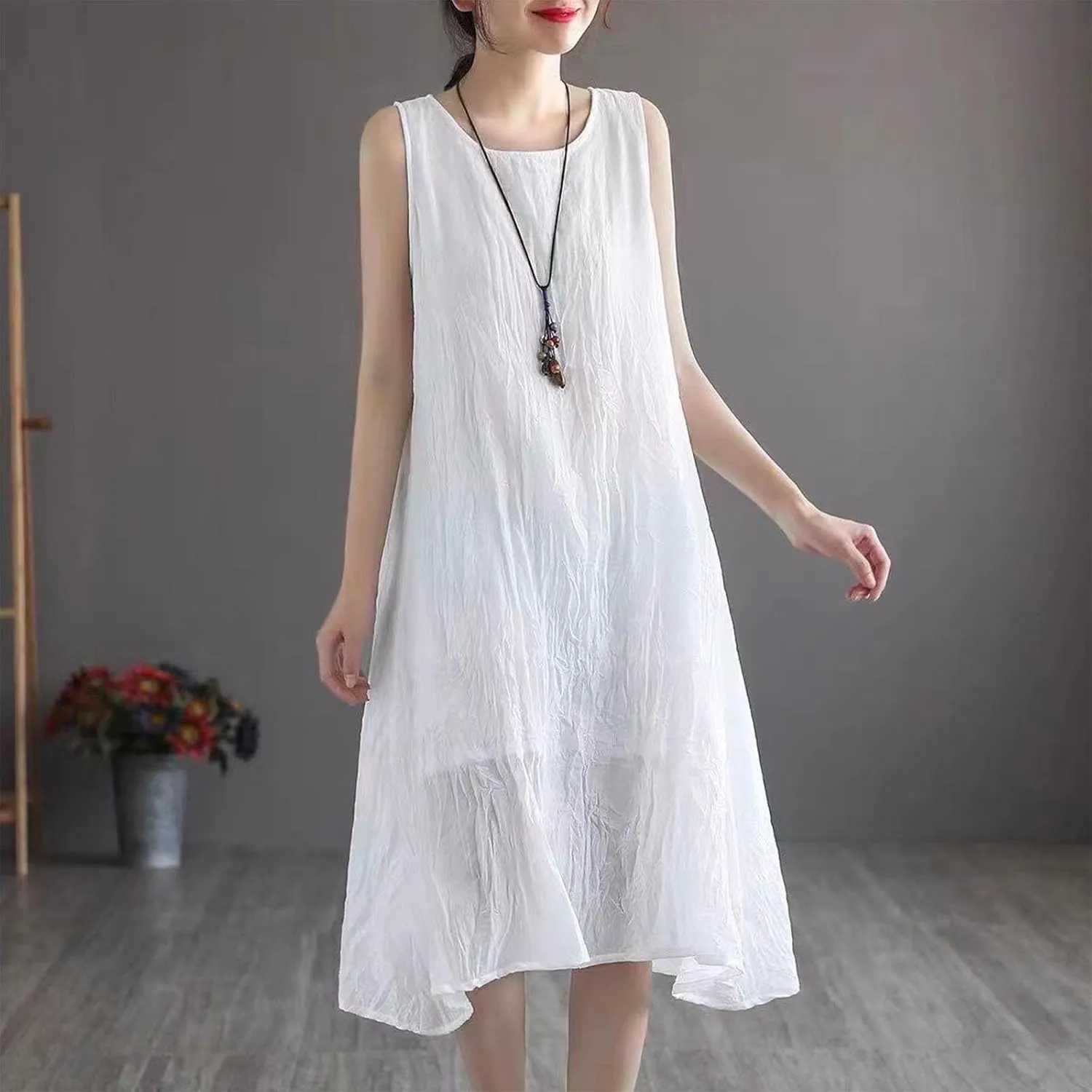 LEMONONSTORE Plus Size Women Sleeveless Tunic Dresses Summer Cotton Linen Swing A-Line High Low Retro Midi Dress Relaxed Fit