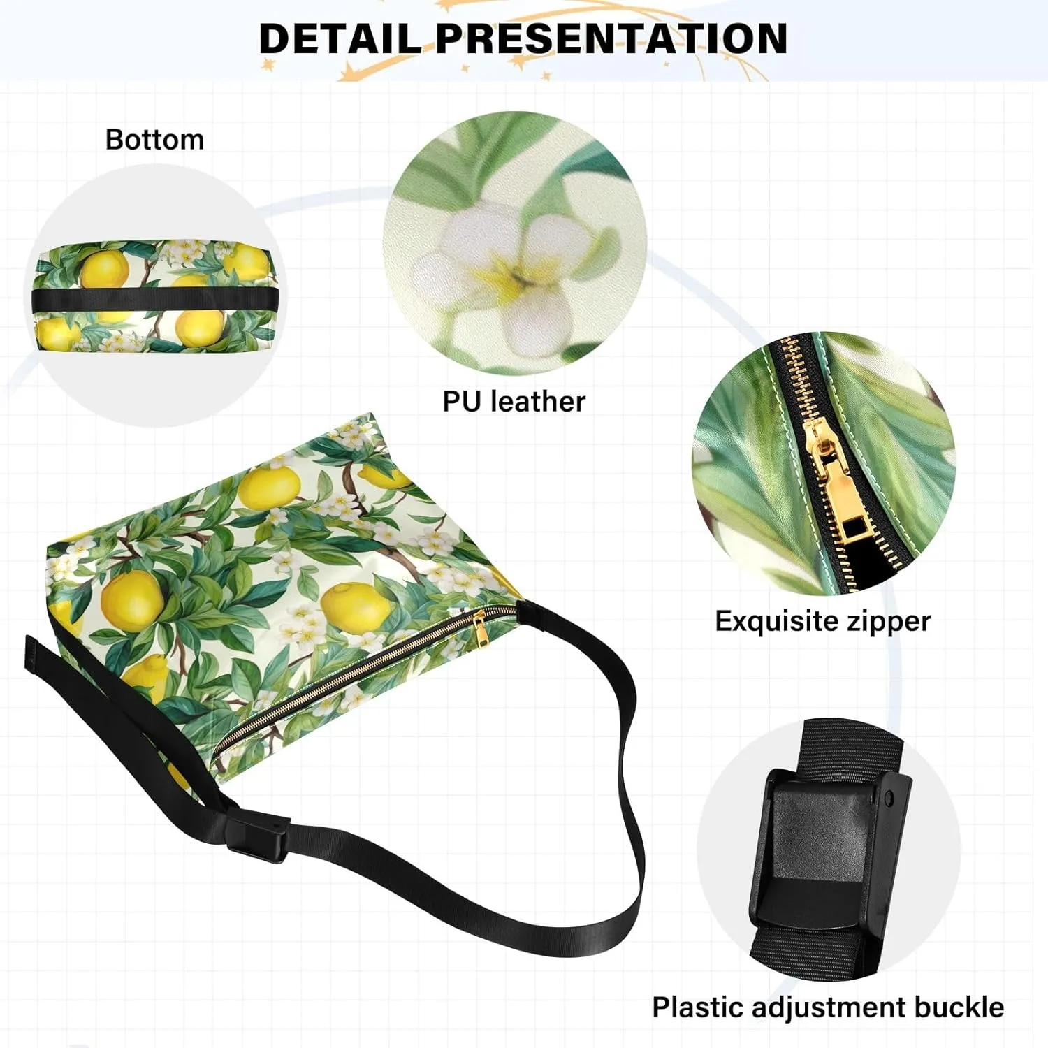 Lemons in Watercolor Tree Vegan Crossbody Bag, Faux Leather Bag, Men Shoulder Bags